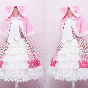 Pink Flower Sweet Lolita Dress With Fur Cape, Rococo Retro Vintage Inspired, Ruffle Tiered Tea Party Dress, Kawaii Lolita Dress