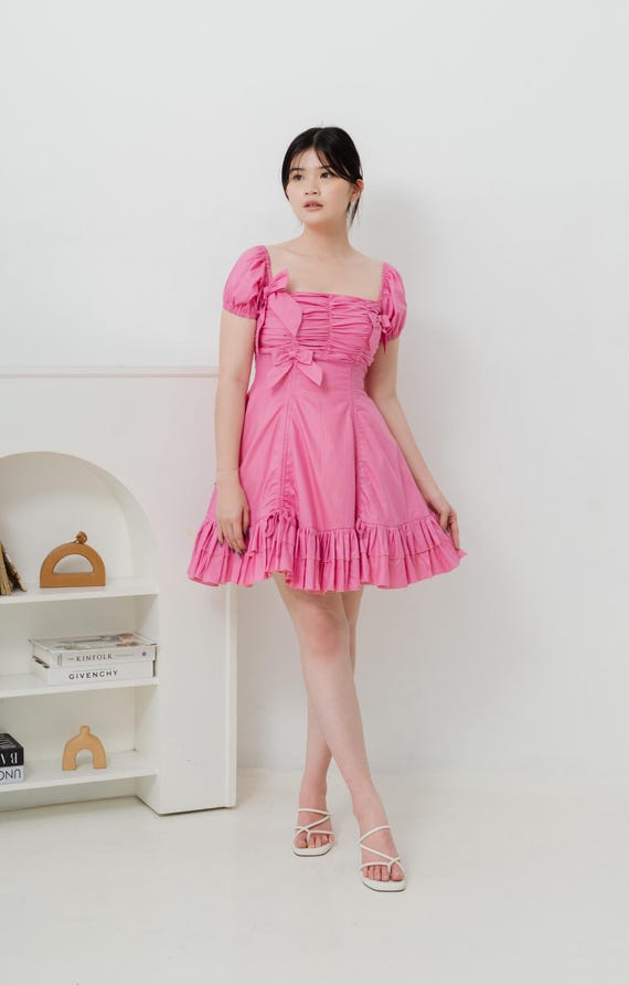 Pink Dress With Poofy Sleeves Pink A Line V Neck Textured Tweed Homecoming  Dresses With Puffed