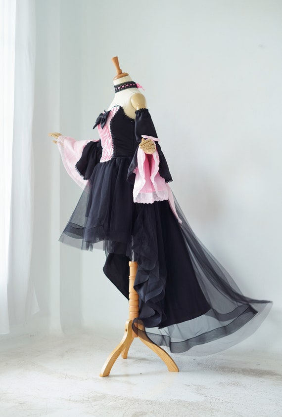 pink and black high low dress Gothic Modern-High Low Dress: Detachable Sleeves, Tulle Train, Bow Accents