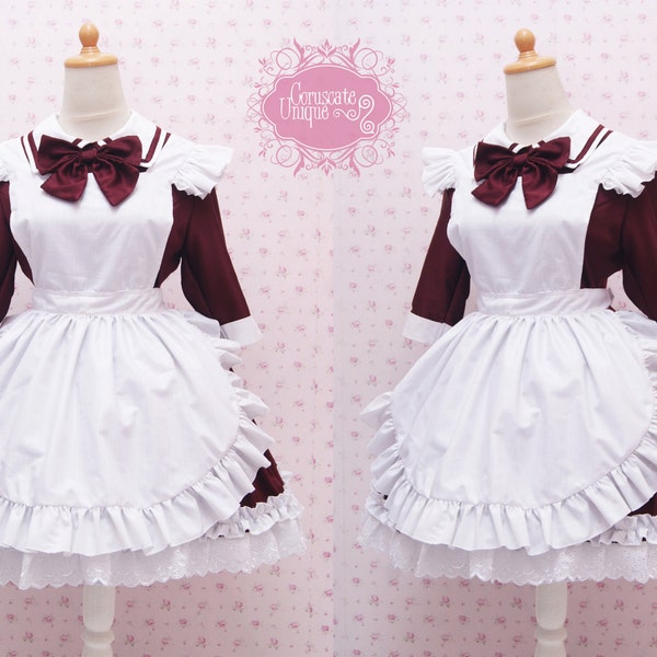 Custom in Your Size & Color Two Way Maroon Cotton Maid Dress And White Frilly Apron in Simple Victorian Style Dress - Kawaii Maid Costume