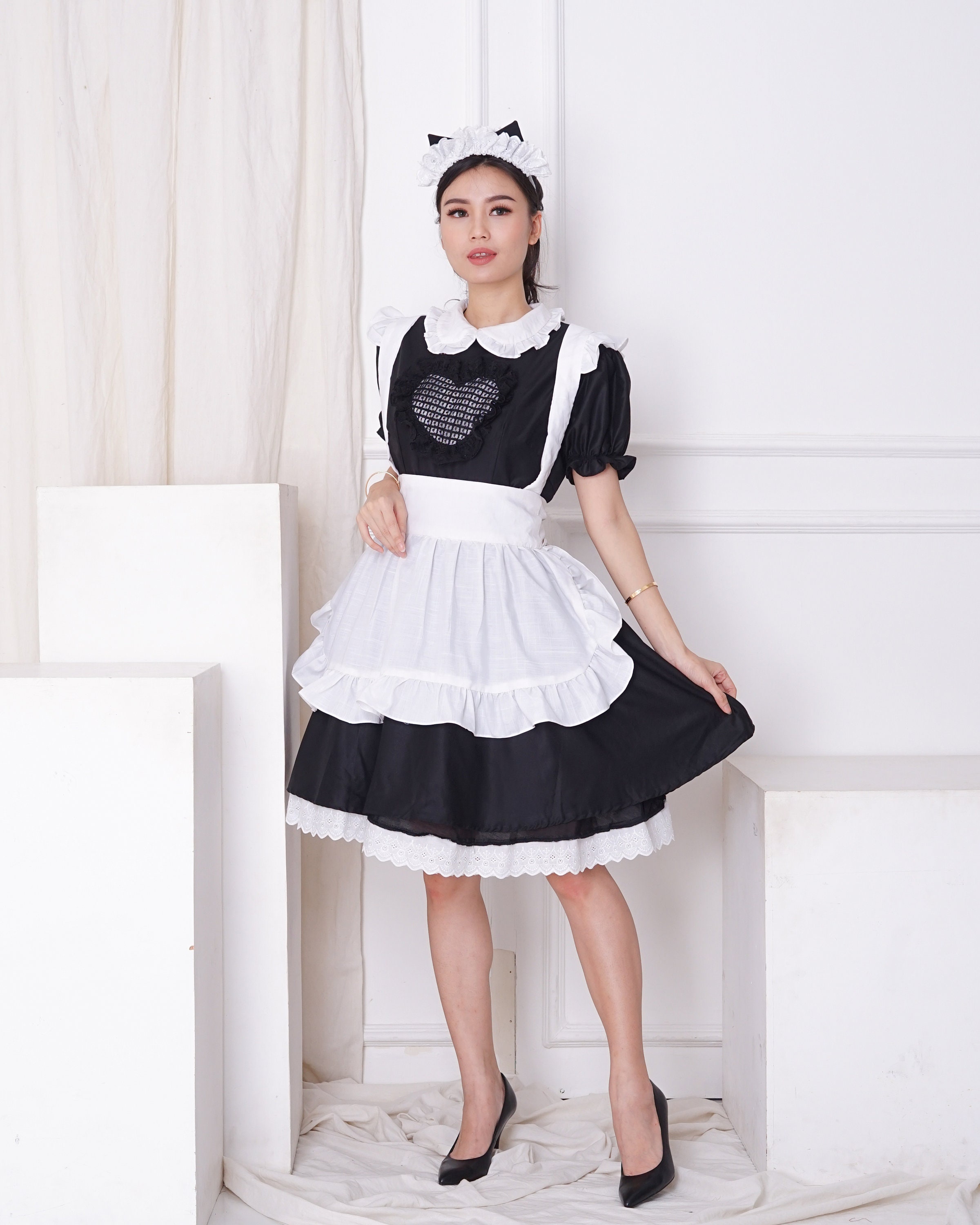 Classic Maid Dress: Black & White Uniform with Neko Ears Headpiece