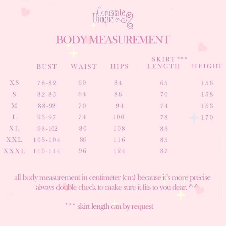 May include: A pink and white chart with the text "Body Measurement" and a table listing sizes, bust, waist, hips, skirt length, and height measurements in inches. The table includes sizes XS, S, M, L, XL, XXL, and XXXL.