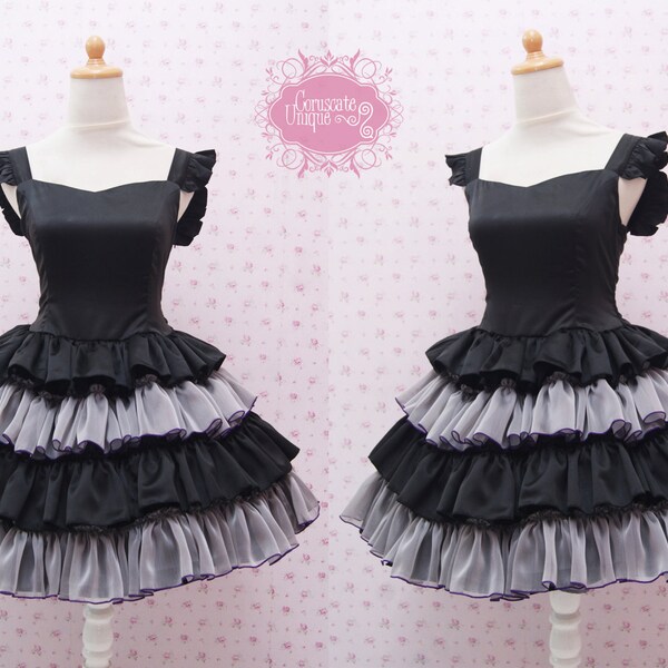 Gothic Black Ballerina Dress, Gothic Lolita Dress, Black Sweetheart Neckline Sleeveless Dress with Ruffle Chiffon Skirt