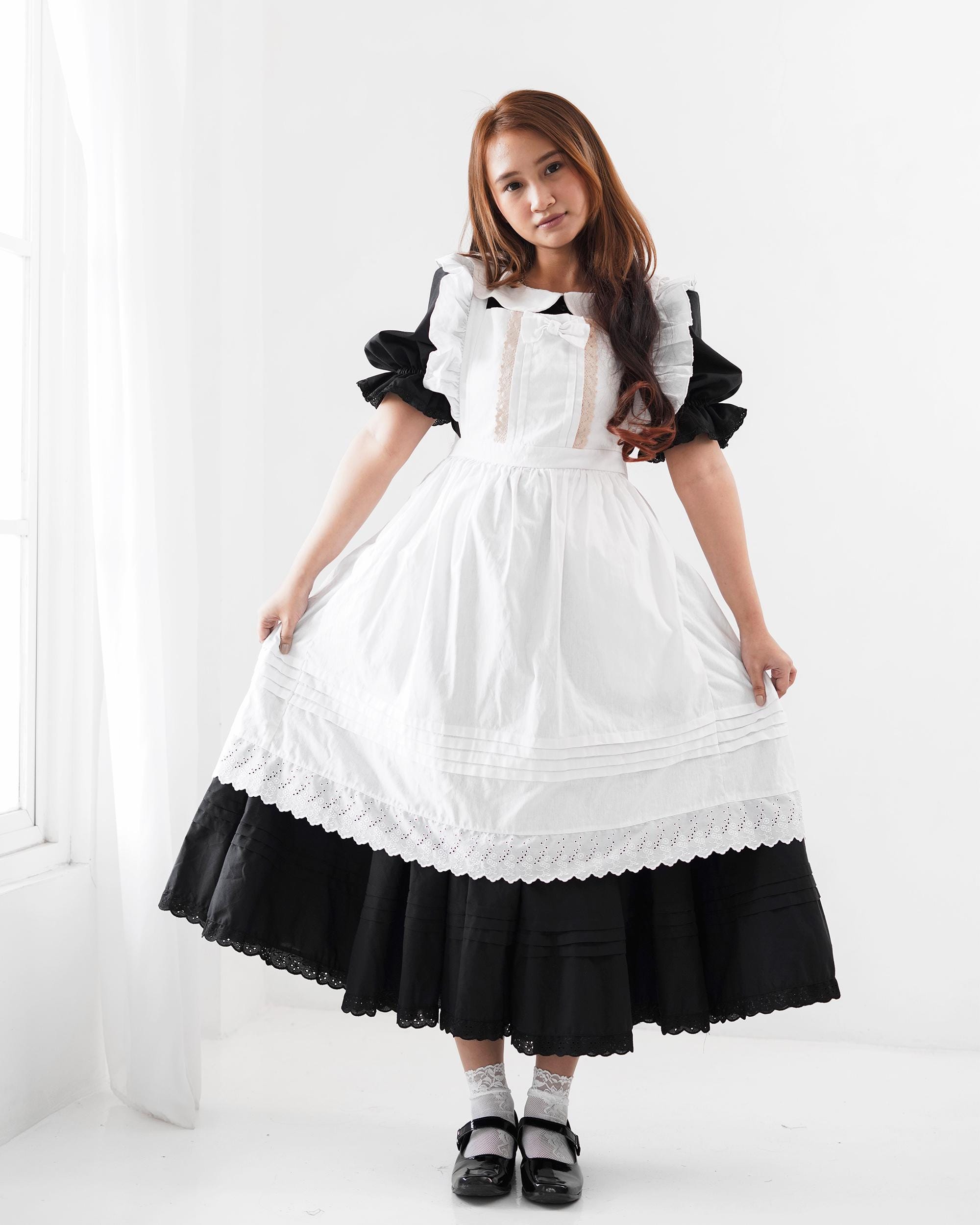 Cottagecore Black Maid Dress: Long Cotton Dress With White