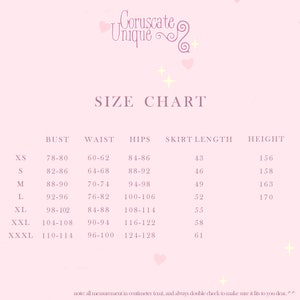 May include: Size chart for clothing with measurements in inches for bust, waist, hips, skirt length, and height. Sizes include XS, S, M, L, XL, XXL, XXXL, and XXXXL.