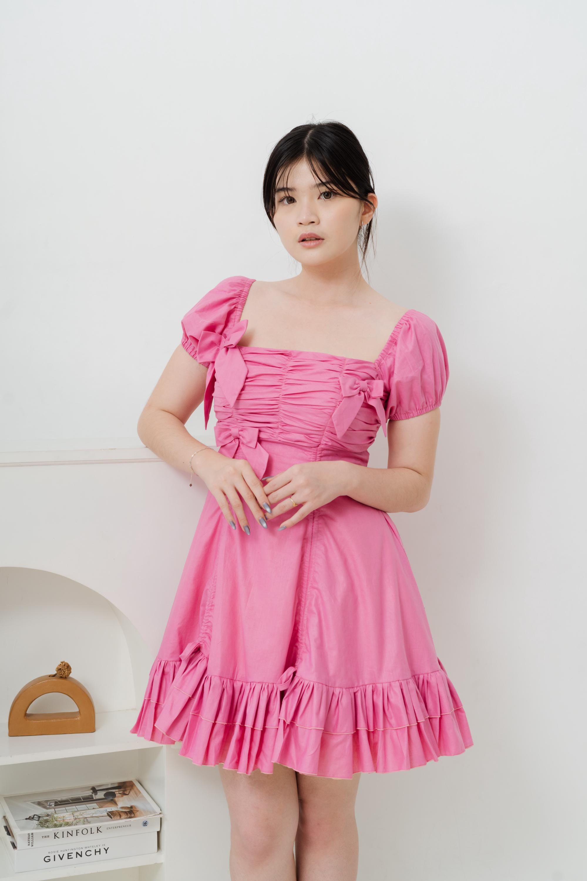pink coquette mini dress Puff Sleeve Pink Coquette Mini Dress, Ruffle Fairy Core With Dainty Bows