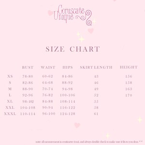 May include: A light pink size chart for Coruscate Unique featuring columns for bust, waist, hips, skirt length, and height measurements in centimeters. The chart lists sizes from XS to XXXL with corresponding numerical values and decorative stars.