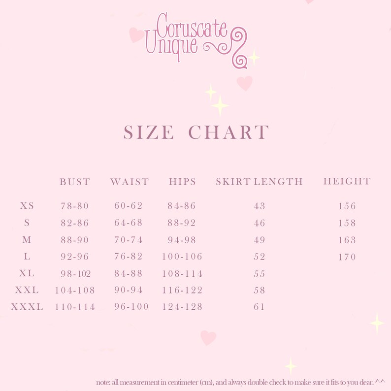 May include: A light pink size chart for Coruscate Unique featuring columns for bust, waist, hips, skirt length, and height measurements in centimeters. The chart lists sizes from XS to XXXL with corresponding numerical values and decorative stars.