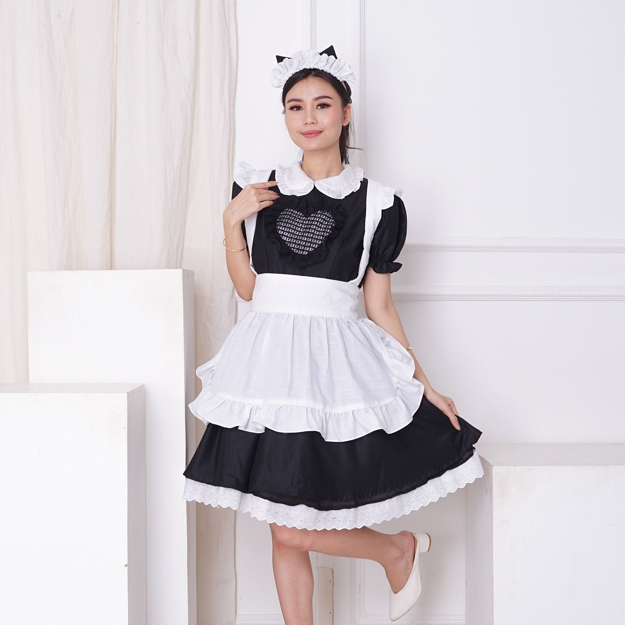 cute maid dress Sweet Blue and White Striped lancha for Cosplay and Anime Uniform Outfits 55kg Height The Maid Dress- Mini Satin