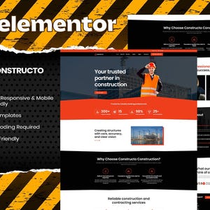 Puede incluir: Diseño web para Constructo, con temática de construcción. El diseño incluye un trabajador de la construcción, una combinación de colores rojo y negro, y el texto "Your trusted partner in construction". El diseño es compatible con SEO.