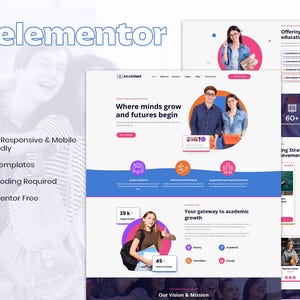 May include: A website design showcasing an educational platform, with the Elementor logo at the top left. The design includes images of students, icons, and text highlighting features like responsive design and templates.