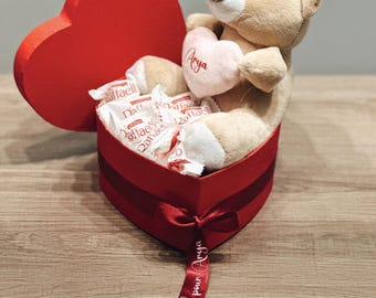 Coffret cadeau personnalisé avec peluche et chocolats – Prénom – Boîte cœur – Cadeau  Saint-Valentin