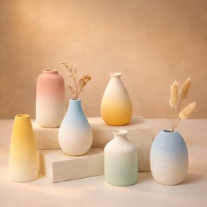 May include: A collection of six ceramic vases in various shapes and sizes. The vases feature a gradient color scheme, transitioning from pastel hues like pink, yellow, blue, and green to white. Some vases hold dried floral arrangements, adding a touch of natural decor.