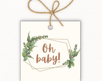Etiquetas de regalo "Oh Baby", etiquetas verdes para baby shower, etiquetas neutrales para baby shower, etiquetas imprimibles para baby shower