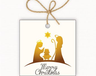Merry Christmas Nativity Gift Tags, Christian Christmas Gift Tags PDF, Religious Holiday Gift Tags, Nativity Christmas Tags 2.5” & 3”
