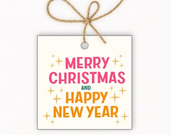 Merry Christmas Happy New Year Gift Tags Printable, Holiday Gift Tag, New Year Treat Tags, Square Printable Tags 2.5” & 3”