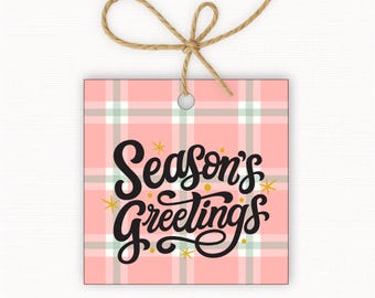 Season’s Greetings Gift Tags Printable, Christmas Gift Tag, Holiday Treat Tags, Plaid Gift Tags, Square Tags 2.5” & 3”