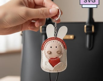 Rabbit Keychain Leather Pattern, DIY Heart Charm (svg, pdf, dxf) (Digital Download)