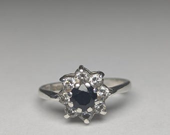Vintage Sterling Silver 1988 Sapphire Cluster Ring | Size K 1/2 - L | 925 Silver