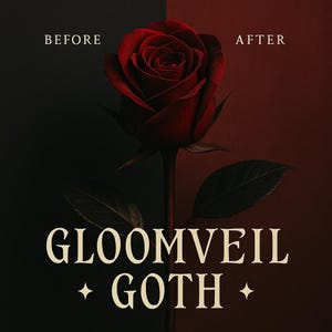 May include: A dark red rose with green leaves against a two-toned background of black and red. The text "BEFORE" and "AFTER" are at the top, with "GLOOMVEIL + GOTH" at the bottom.