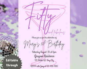 50e verjaardagsuitnodiging | Fitty- en martiniglasontwerp | Digitale download | Bewerkbaar op canvas