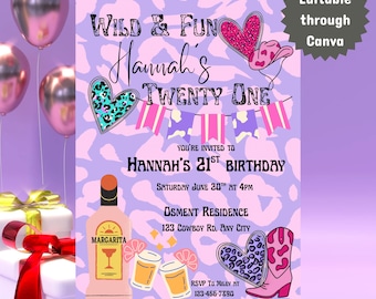 Wild en leuk 21 | Sjabloon cowgirl-verjaardagsuitnodiging | Bewerkbaar op canvas