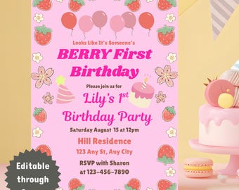BERRY eerste verjaardag | Sjabloon aardbei eerste verjaardagsuitnodiging | Bewerkbaar op canvas