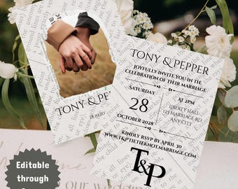 Boekpagina bruiloft | Sjabloon bruiloft uitnodigingsset | Bewerkbaar op canvas