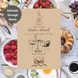May include: A beige Easter Lunch invitation with a bunny illustration, table setting, and text. The invitation includes the text "Hop on over for Easter Lunch" and RSVP information. The image also shows food items like raspberries, cake, and eggs.
