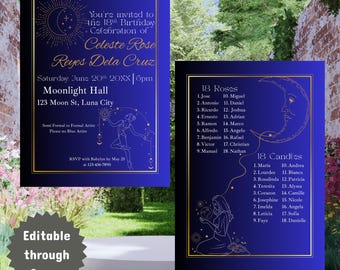 Hemelse 18e verjaardag| Sjabloon verjaardagsuitnodiging maan en sterren | Bewerkbaar op canvas