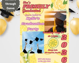 Ze is net afgestudeerd | Afstuderen uitnodigingssjabloon citroen thema | Bewerkbaar op canvas