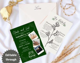 Bosgroene moderne bloemenbruiloft | Sjabloon bruiloft uitnodigingsset | Bewerkbaar op canvas