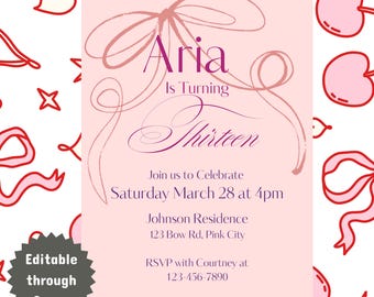 Zoete strik verjaardag | Sjabloon flirt roze verjaardagsuitnodiging | Bewerkbaar op canvas