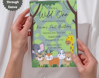 Wilde ONE | Sjabloon Safari eerste verjaardagsuitnodiging | Bewerkbaar op canvas