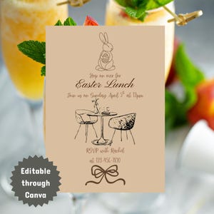 May include: Tan Easter lunch invitation with a bunny illustration, table, and chairs. Text includes "Hop on over for Easter Lunch" and RSVP details. The invitation is editable through Canva.