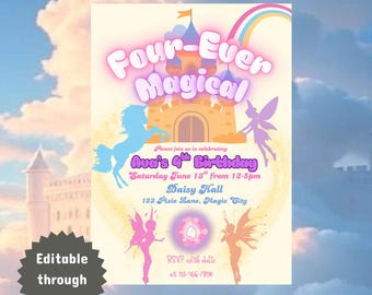Four-ooit magisch | Sjabloon fee magische verjaardagsuitnodiging | Bewerkbaar op canvas
