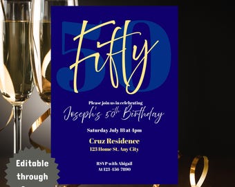 Marineblauwe en gouden 50e verjaardag | Sjabloon verjaardagsuitnodiging mijlpaal | Bewerkbaar op canvas