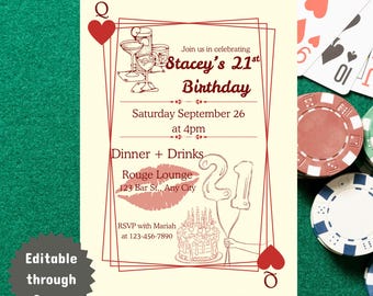 Thema 21e verjaardagskaart | Sjabloon verjaardagsuitnodiging Casino Las Vegas | Bewerkbaar op canvas