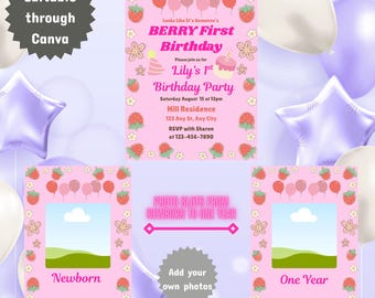 BERRY SET voor eerste verjaardag | Bundel met eerste verjaardag uitnodiging aardbei | Bewerkbaar op canvas