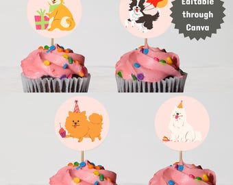 Laten we het eens zijn | Sjabloon cupcake topper puppyfeestje | Bewerkbaar op canvas