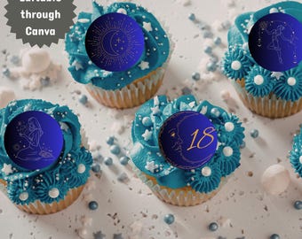 Hemelse 18e verjaardag | Sjabloon cupcake topper maan en sterren | Bewerkbaar op canvas