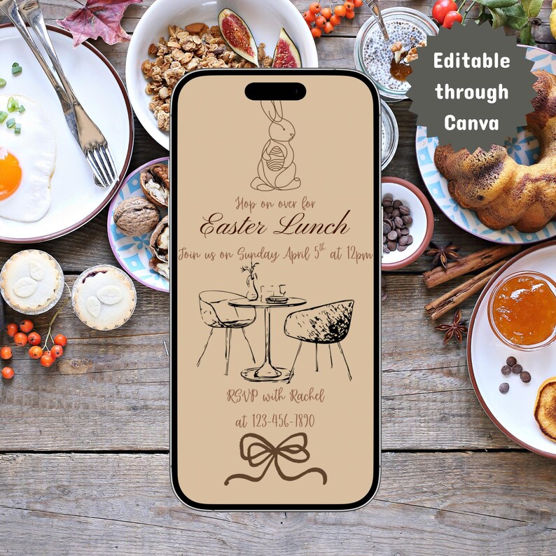 May include: A smartphone screen displays an Easter Lunch invitation with a bunny illustration. The invitation text reads "Hop on over for Easter Lunch" and includes RSVP details. The phone is surrounded by food items on a wooden table.
