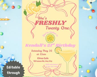 She's Freshly 21 | Sjabloon citroen Margarita verjaardagsuitnodiging | Bewerkbaar op canvas