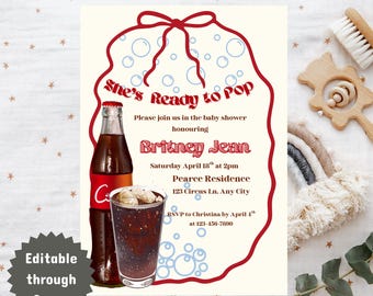 Ze is klaar om te knallen | Sjabloon babyshower met pop/frisdrankthema | Bewerkbaar op canvas