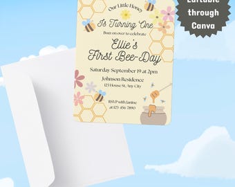Eerste bijendag | Sjabloon voor uitnodiging eerste verjaardag honingbij | Bewerkbaar op canvas