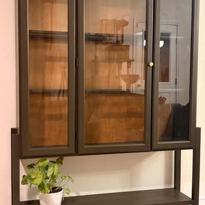 Könnte beinhalten: Ein dunkelgrauer Vitrinenschrank mit Glastüren und Holzinterieur. Der Schrank hat ein unteres Regal und wird von einem dunkelgrauen Rahmen getragen. Auf dem unteren Regal steht eine kleine Topfpflanze. Der Schrank hat einen goldfarbenen Türgriff.