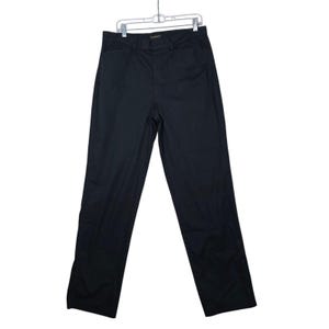 May include: A pair of solid black trousers featuring a high-waisted design, a front zipper fly with a button closure, belt loops, and two side pockets. The pants have a straight-leg cut and are displayed hanging on a clear plastic hanger.