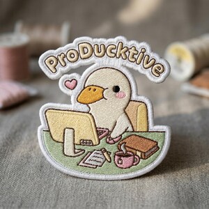 ProDucktive Duck Embroidered Patch, Funny Office Humor Iron On Applique, Kawaii Working Duck Backpack Patch, Cute Work Desk Animal Patch
