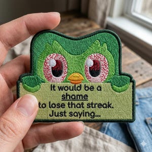 Duolingo Owl Patch – Language Learning Streak Reminder, Funny Meme Embroidery