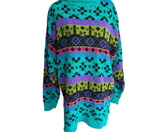 Vintage 1990s Laura Gayle Petite Chenille Sweater: Teal Geometric Southwestern Tunic